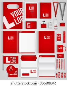 Red design template of corporate identity  with big set of business stationery. Vector illustration