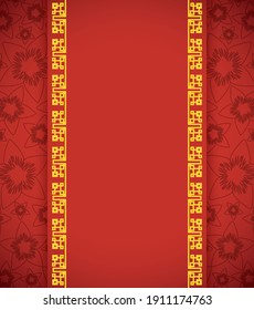 Red design with a vertical label decorated with Chinese patterns over cherry pattern in the background.