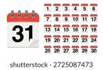 Red Desk Calendar Date Vector Set – 1, 2, 3, 4, 5, 6, 7, 8, 9, 10, 11, 12, 13, 14, 15, 16, 17, 18, 19, 20, 21, 22, 23, 24, 25, 26, 27, 28, 29, 30, 31, All Days of Year, Calendar Icons.