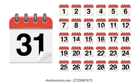 Red Desk Calendar Date Vector Set – 1, 2, 3, 4, 5, 6, 7, 8, 9, 10, 11, 12, 13, 14, 15, 16, 17, 18, 19, 20, 21, 22, 23, 24, 25, 26, 27, 28, 29, 30, 31, All Days of Year, Calendar Icons.