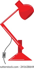 Red desk lamp with adjustable neck and switch on cable. Modern office supplies and workspace accessories vector illustration.