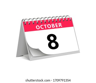 red desk paper autumn month of October 8 date - calendar page vector illustration