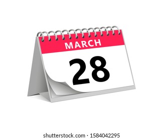 red desk paper spring month of march 28 date - calendar page vector illustration