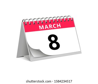 red desk paper spring month of march 8 date - calendar page vector illustration