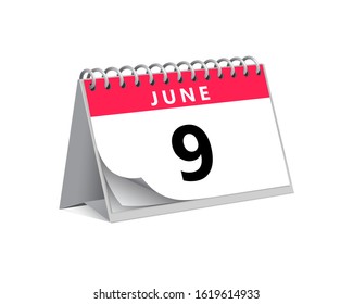 red desk paper summer month of June 9 date - calendar page vector illustration