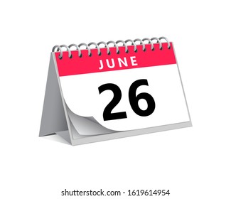 red desk paper summer month of June 26 date - calendar page vector illustration