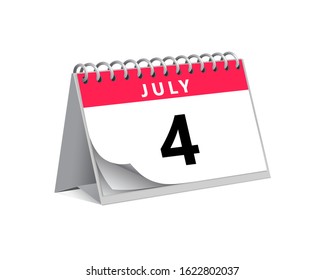 red desk paper summer month of July 4 date - calendar page vector illustration