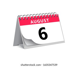 red desk paper summer month of August 6 date - calendar page vector illustration