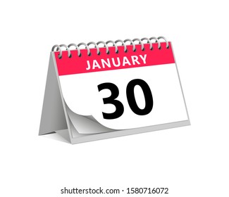 red desk paper winter month of january 30 date - calendar page vector illustration