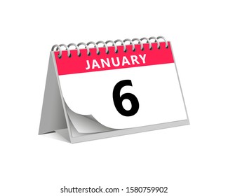 red desk paper winter month of January 6 date - calendar page vector illustration