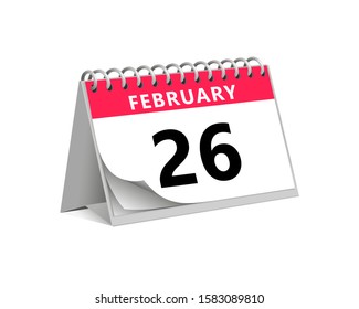 red desk paper winter month of february 26 date - calendar page vector illustration