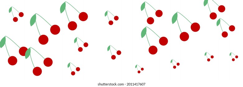 Red Dessert Spring Cherries Bright Berries Sweet Wallpaper. Fruit Pattern Colorful Vintage Repeat Healthy Summer Organic Design Pic. Vitamin Textile Tasty Cute Print White Green Retro Ornament.