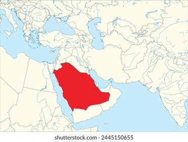 Red detailed blank political map of SAUDI ARABIA with black borders on white continent background, blue sea surfaces and rivers using orthographic projection of the Middle East