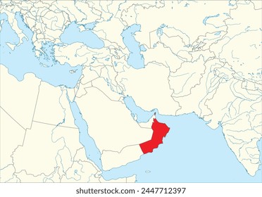 Red detailed blank political map of OMAN with black borders on white continent background, blue sea surfaces and rivers using orthographic projection of the Middle East