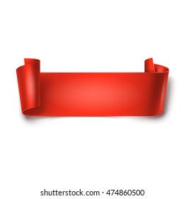 Red detailed curved ribbon isolated on white background. Curved paper banner.