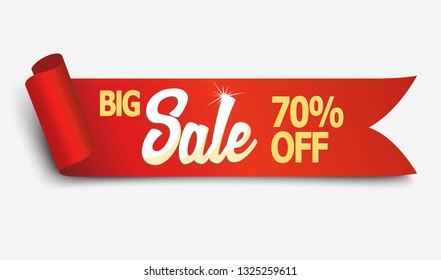 Red detailed realistic curved paper sale ribbon banner with shadow background. With space for text. Vector illustration.