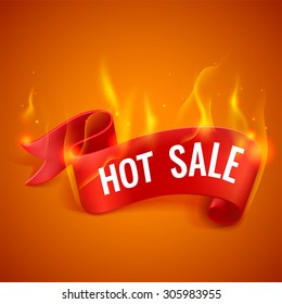 Red detailed realistic curved paper sale ribbon banner. Hot sale. Decorated with tongues of Fire. Isolated on orange background. With space for text. Vector illustration.