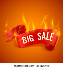 Red detailed realistic curved paper sale ribbon banner. Big sale. Decorated with tongues of Fire. Isolated on orange background. With space for text. Vector illustration.