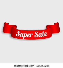 Red detailed realistic curved paper sale ribbon banner. Isolated on white background.