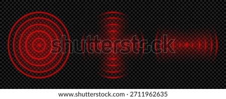 Red detect wave effect for wifi or pain target. Scan radar alarm on radio pulse sign set. Hud tech overlay for game or abstract network with concentric ring focus. 3d radial waveform technology.