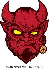 a red devil with a beard smokes a cigar