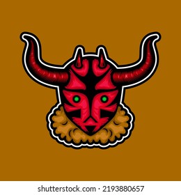 red devil bull illustration. with horn and green eyes. handrawn, mascot, scary, colors and details style. suitable for logo, sports, t shirt, clothing and sign