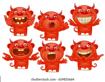 Red devil cartoon characters in different emotions emoji set. Vector illustration