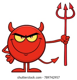 Red Devil Cartoon Emoji Character Holding A Pitchfork. Vector Illustration Isolated On White Background