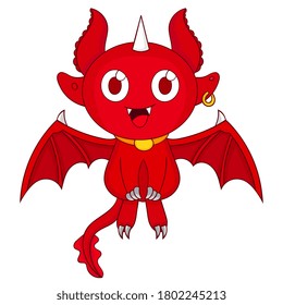 red devil cartoon illustration with smiling face flying