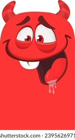 Red devil cartoon monster face with horns.  Illustration of cute and happy monster expression.
 Halloween design. Great for party decoration
