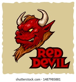 Red Devil character mascot logo. Red and brown color. Lettering logotype evil mascot on light background