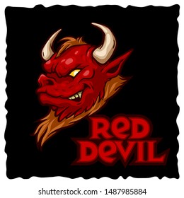 Red Devil character mascot logo. Red and brown color. Lettering logotype evil mascot on black background