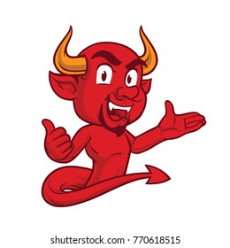 Red devil character presenting pose. Half body devil cartoon