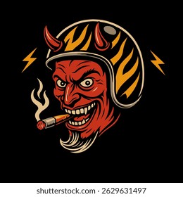 A red devil character wearing a helmet enjoys a cigar in a stylized illustration Perfect for edgy art or apparel design.