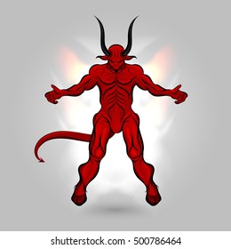 Red devil with a dark power design on gray background