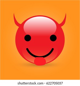 Red devil emoticon, emoji with a smile on face and tongue on background