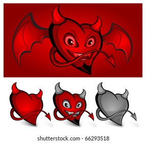 Red devil face heart with horns, tail and wings, vector illustration