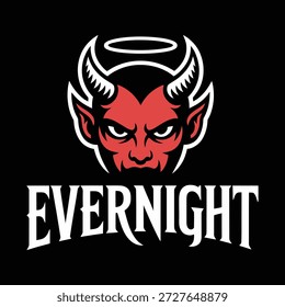 Cara roja del diablo con los cuernos y el halo y el icono del texto de la noche del día