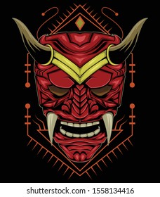 red devil face illustration. vector head of red demon. japanese demon mask