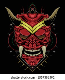 red devil face illustration. vector head of red demon. japanese demon mask