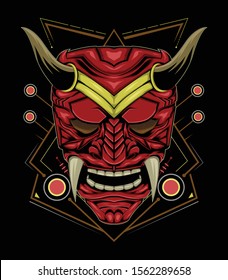 red devil face illustration. vector head of red demon. japanese demon mask