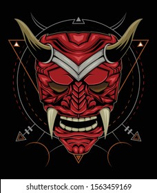 red devil face illustration. vector head of red demon. japanese demon mask