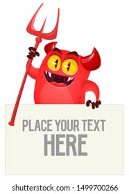 Red devil hand holding white sheet. Satan holds and signboard