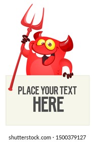 Red devil hand holding white sheet. Satan holds and signboard