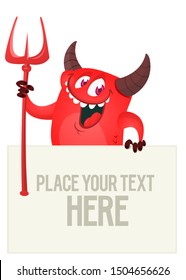 Red devil hand holding white sheet. Satan holds and signboard