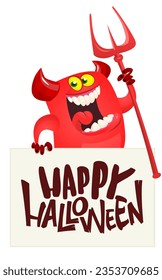 Red devil hand holding white sheet and trident. Satan holds and signboard. Halloween party illustration