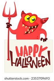 Red devil hand holding white sheet and trident. Satan holds and signboard. Halloween party illustration