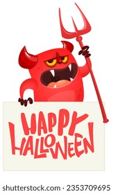 Red devil hand holding white sheet and trident. Satan holds and signboard. Halloween party illustration