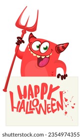 Red devil hand holding white sheet and trident. Satan holds and signboard. Halloween party illustration