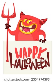 Red devil hand holding white sheet and trident. Satan holds and signboard. Halloween party illustration